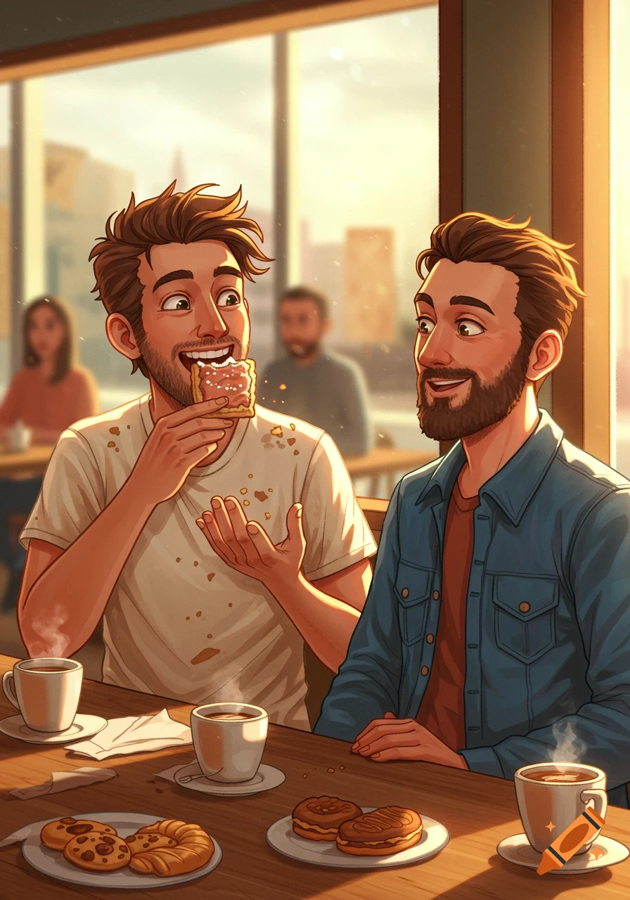 Two men talking in a cafe, one eating a pastry, with coffee and snacks on the table, in an illustrative style.