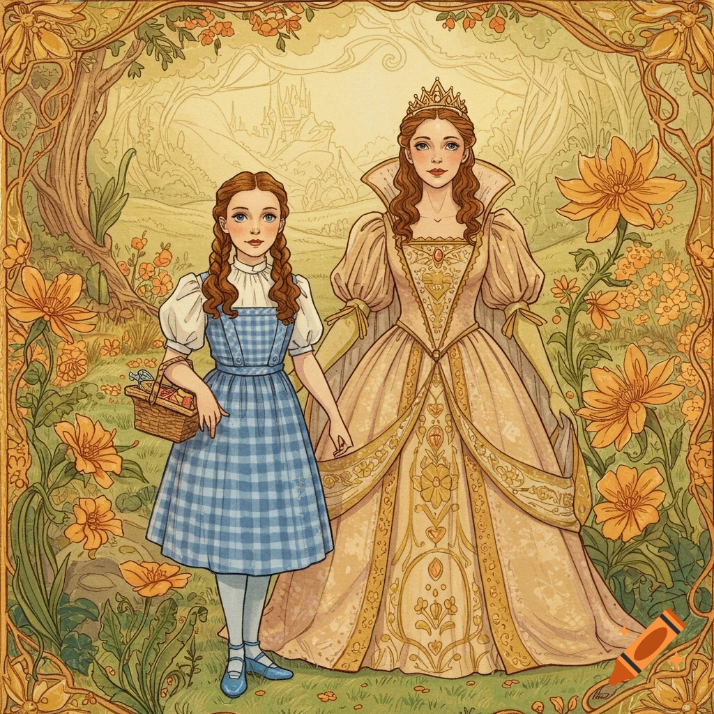 A young girl in a blue gingham dress holding hands with a woman in a gold, ornate gown and crown, standing in a whimsical, flowery landscape with a castle in the background, in an illustrative art nouveau style.