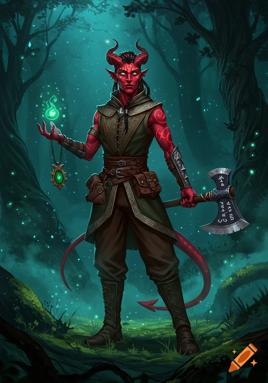 A red-skinned Tiefling character with horns and a tail, holding a glowing green amulet and an axe, stands in a mystical forest.