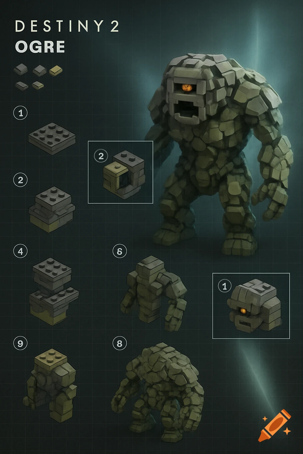 Lego-style instruction manual for building an Ogre from Destiny 2, showing block diagrams and numbered assembly steps.