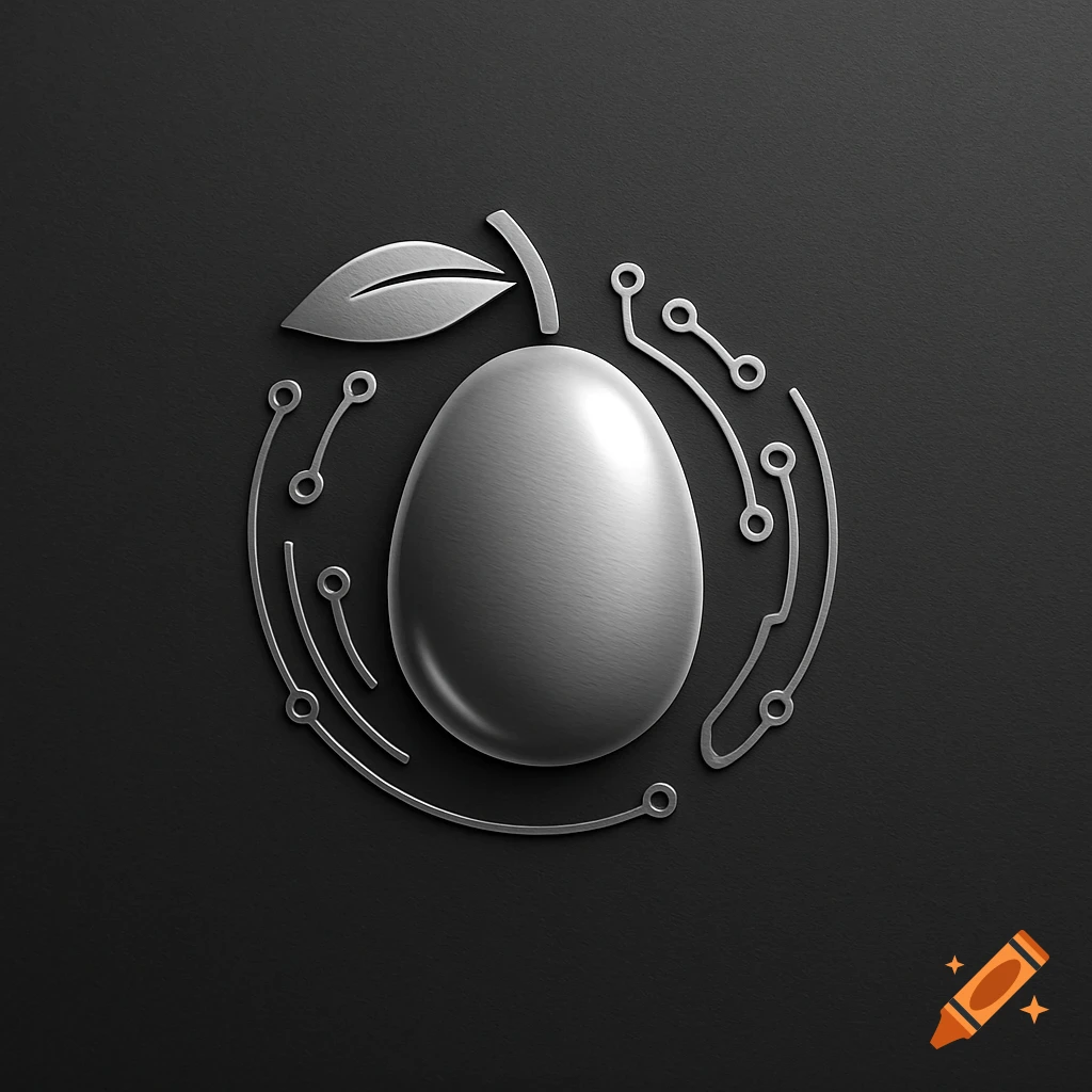 A sleek metallic egg or fruit shape with a leaf, encircled by silver circuit board lines, on a dark textured background.
