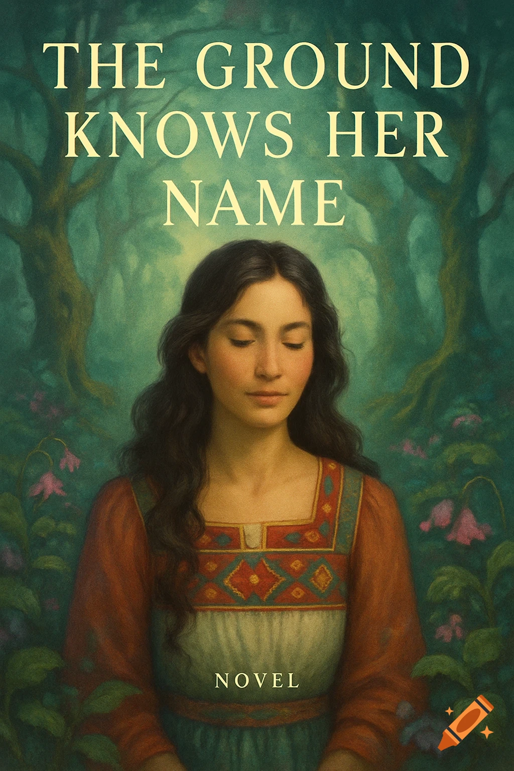 Illustration of a woman with long dark hair and closed eyes in a dreamlike forest, depicted as a book cover titled 'The Ground Knows Her Name'.