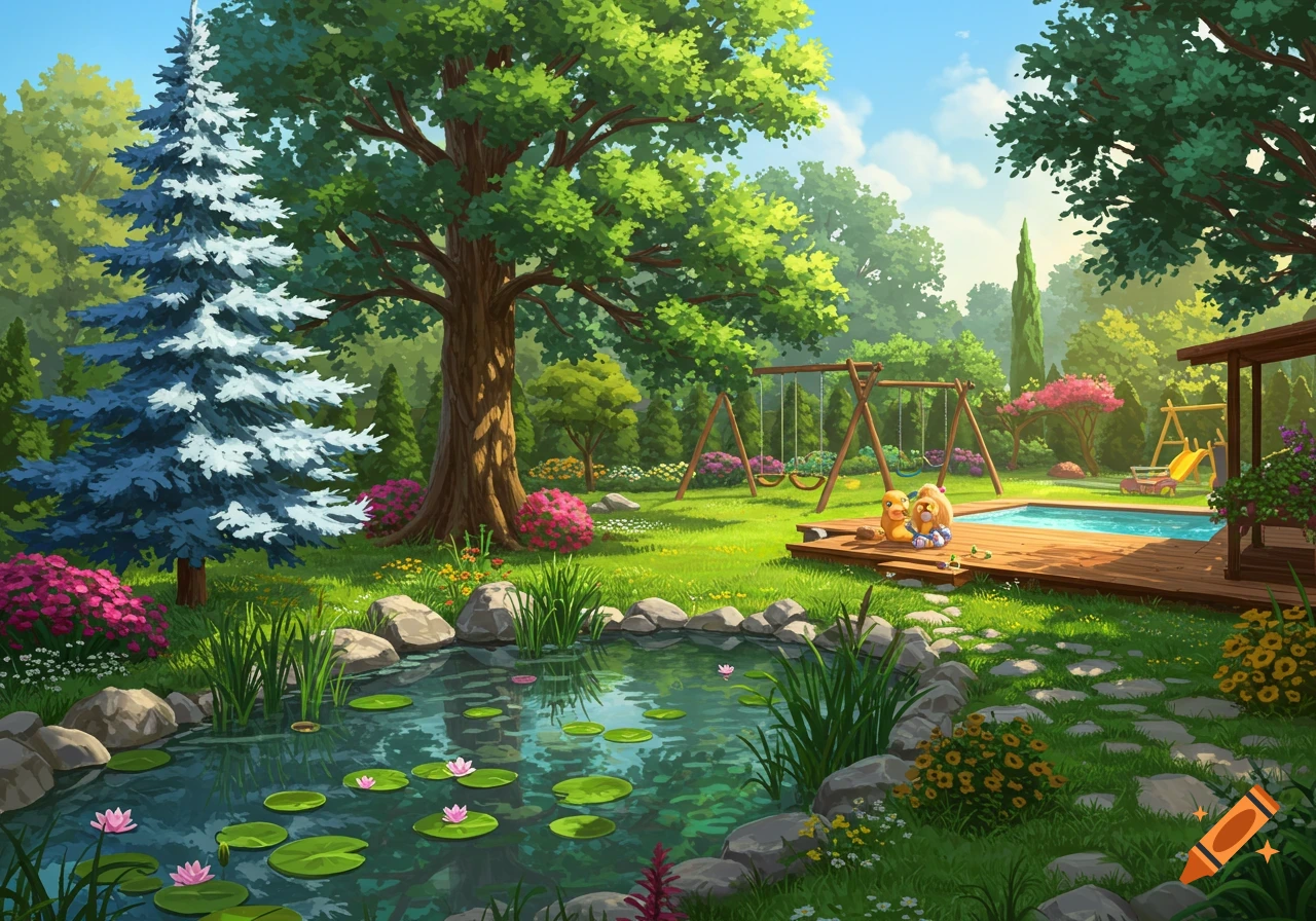 A vibrant, illustrative backyard garden with a pond, large trees, a swimming pool, a wooden deck with two cartoon figures, and a children's play area.