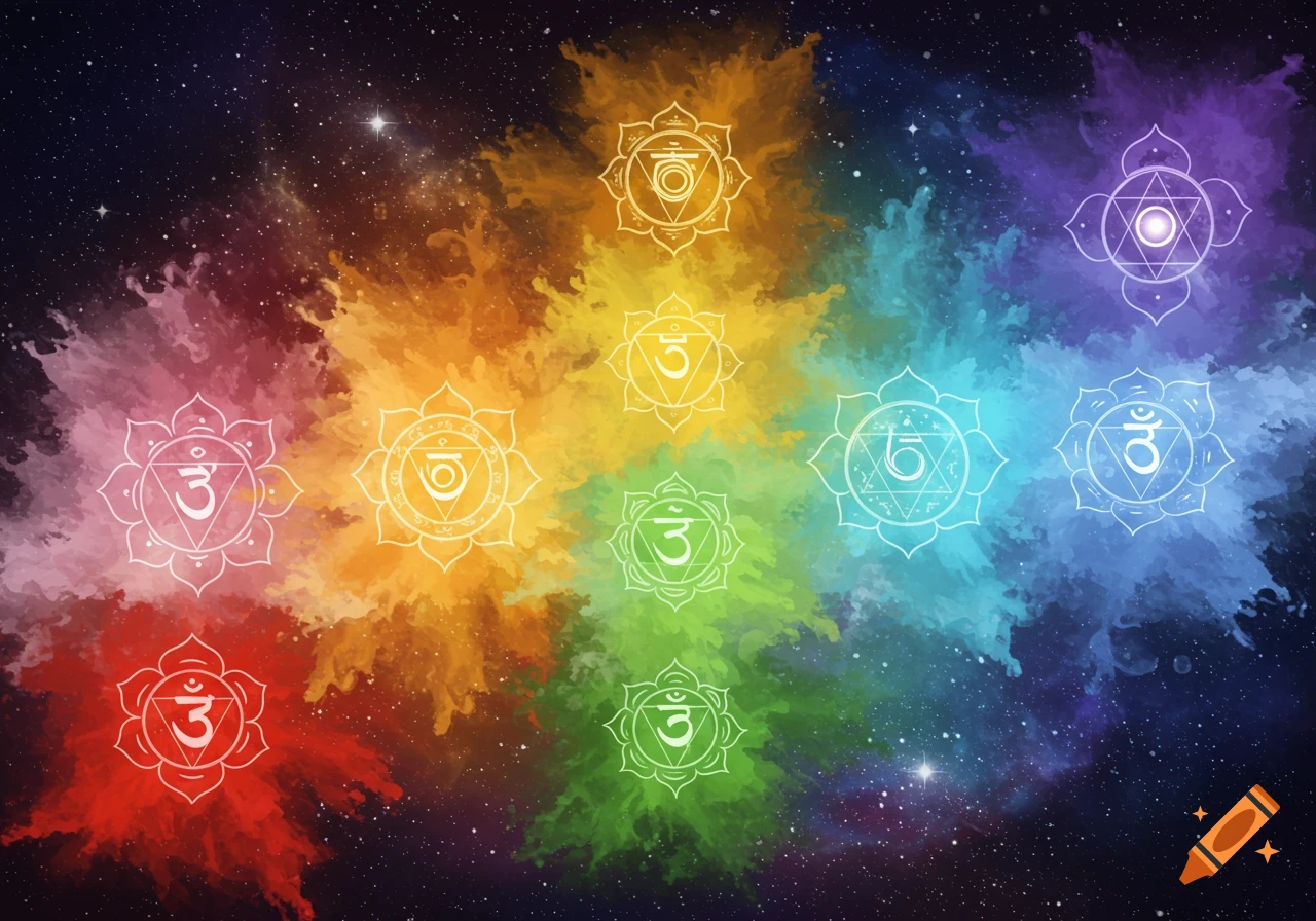 Seven colorful chakra symbols with white outlines and Sanskrit characters burst from paint splashes against a starry cosmic background.
