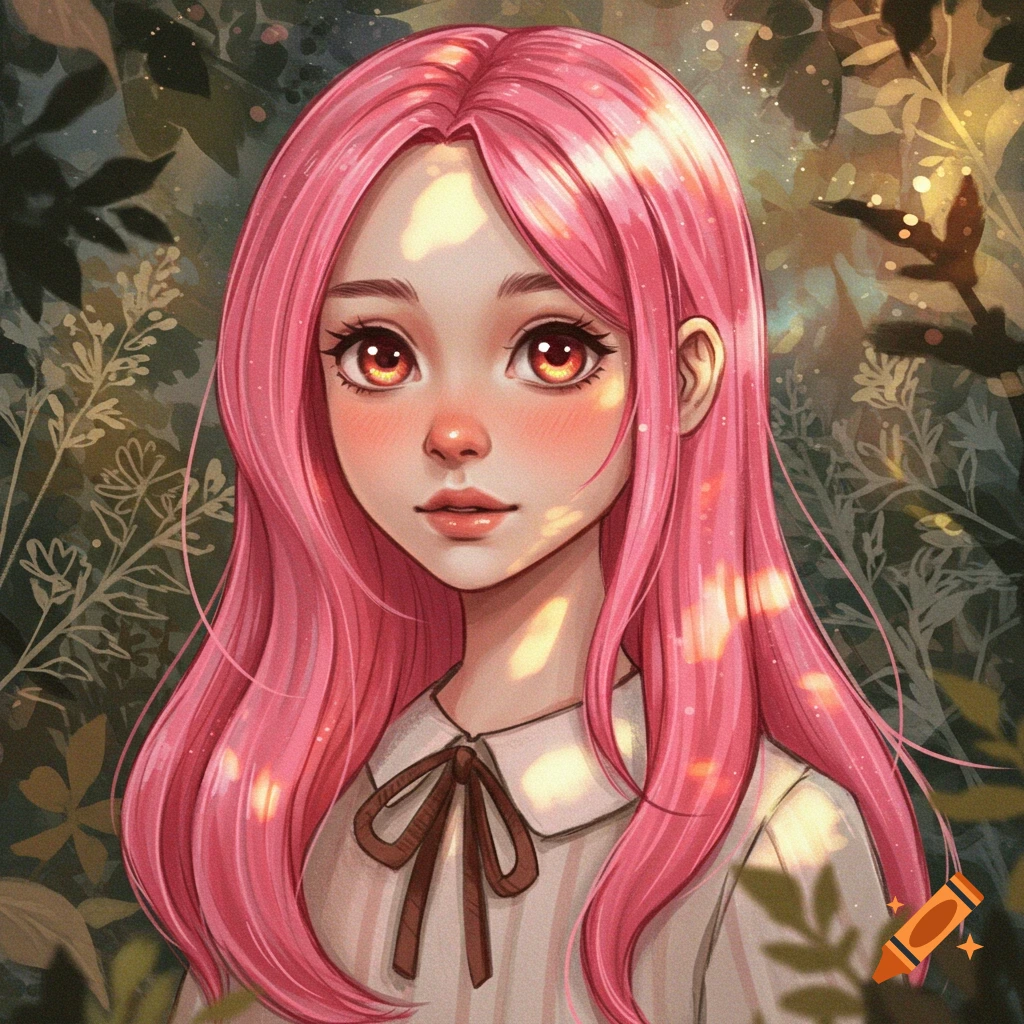 A vibrant digital illustration of a girl with long, bright pink hair and large brown eyes, set against a soft, sunlit forest background.