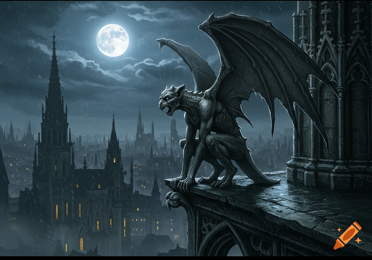 A fierce gargoyle crouches on a gothic cathedral rooftop overlooking a rainy city skyline under a full moon.
