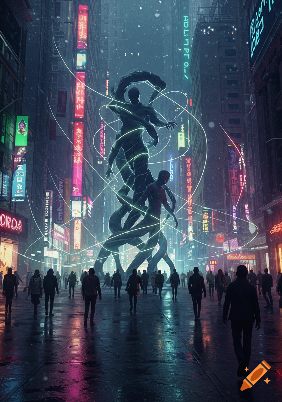 A moody cyberpunk city street at night with a towering abstract sculpture of dark figures entwined by glowing lines and a bustling crowd.