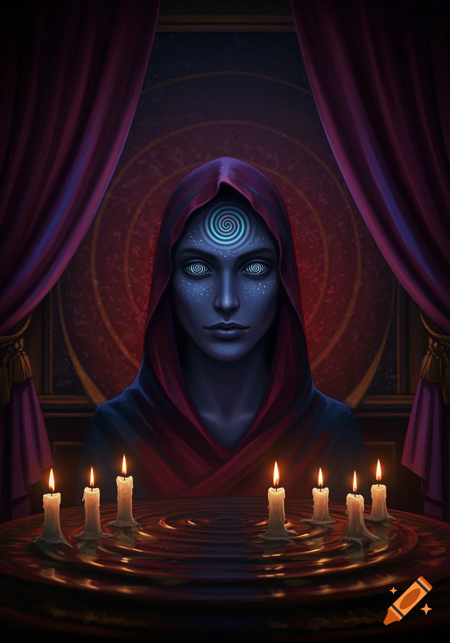 A mystical figure with glowing spiral eyes and a forehead symbol, wearing a red hooded cloak, surrounded by lit candles in a dark room.