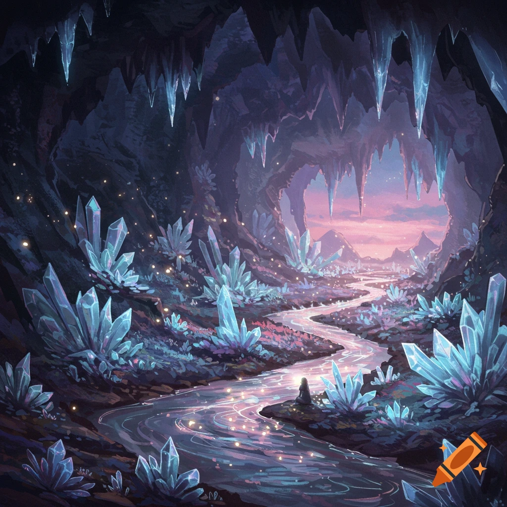A fantasy illustration of a dark, crystalline cave with a glowing river and a small figure sitting by its bank.