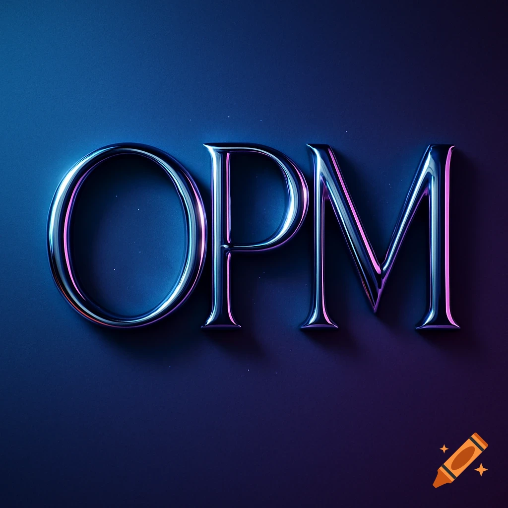 Metallic, glossy 3D letters 'OPM' with blue and pink reflections on a dark blue background.