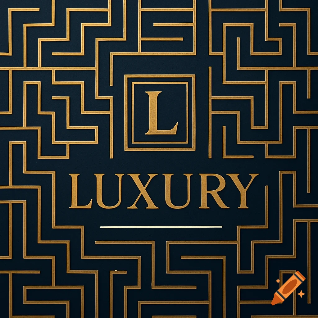 A deep navy background with interwoven gold lines forming a geometric labyrinth pattern, featuring the golden word "LUXURY" and a large "L" in a square.