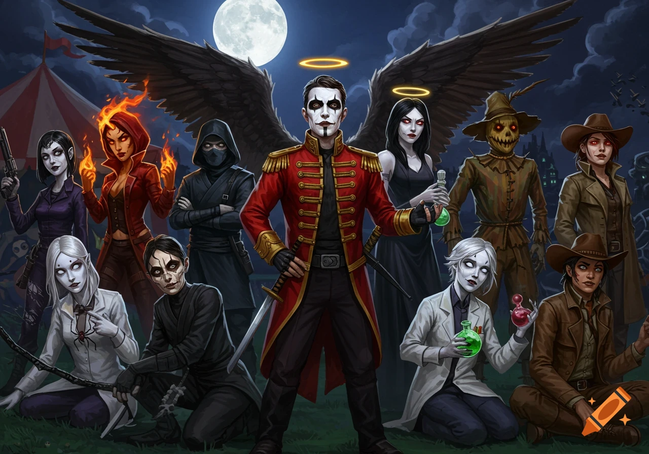A group of diverse, stylized dark fantasy characters, including a ringmaster, angel, scarecrow, and mad scientist, pose under a full moon near a circus tent.