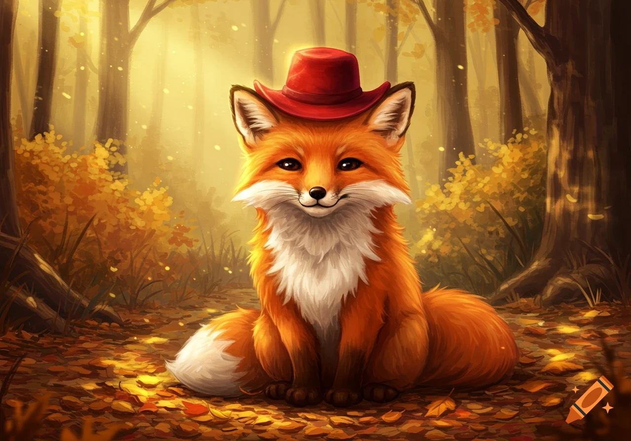 A cute fox wearing a red hat sits among fallen autumn leaves in a sunlit forest, in an illustrative style.