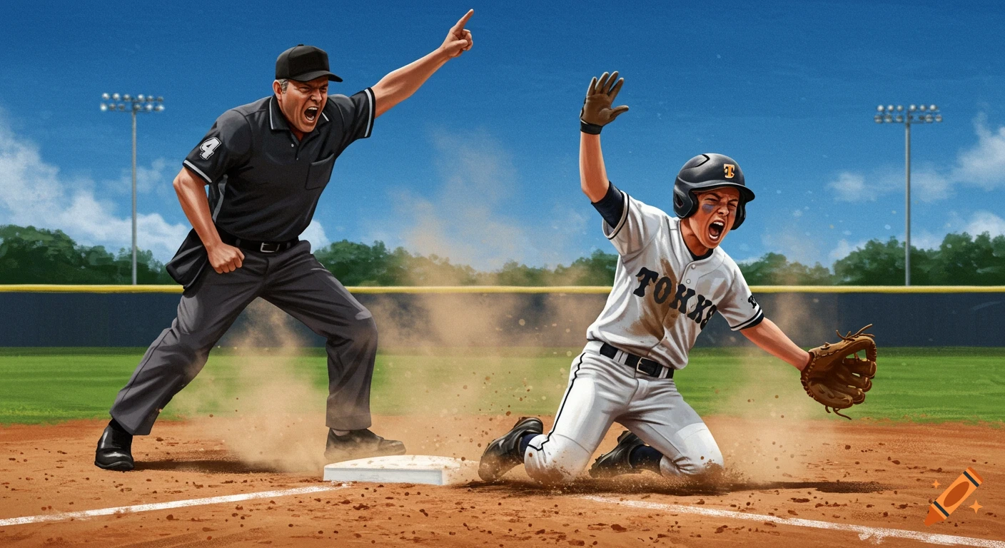 A baseball player slides into a base as an umpire gestures, calling the player safe, on a sunny field.