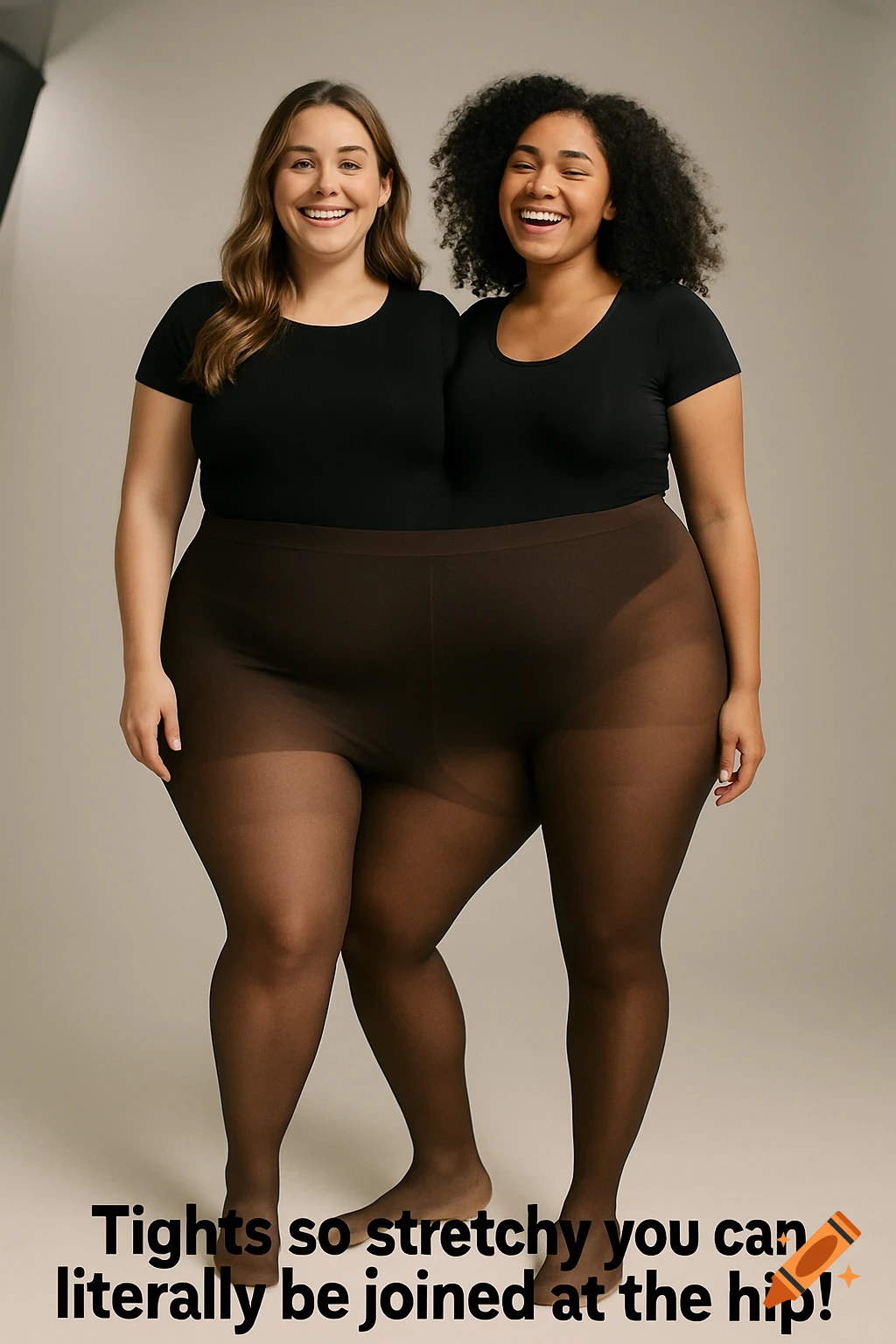 Two smiling women in black tops and brown tights are posed as if joined at the hip, demonstrating the stretchiness of the tights. Text overlay reads: "Tights so stretchy you can literally be joined at the hip!"