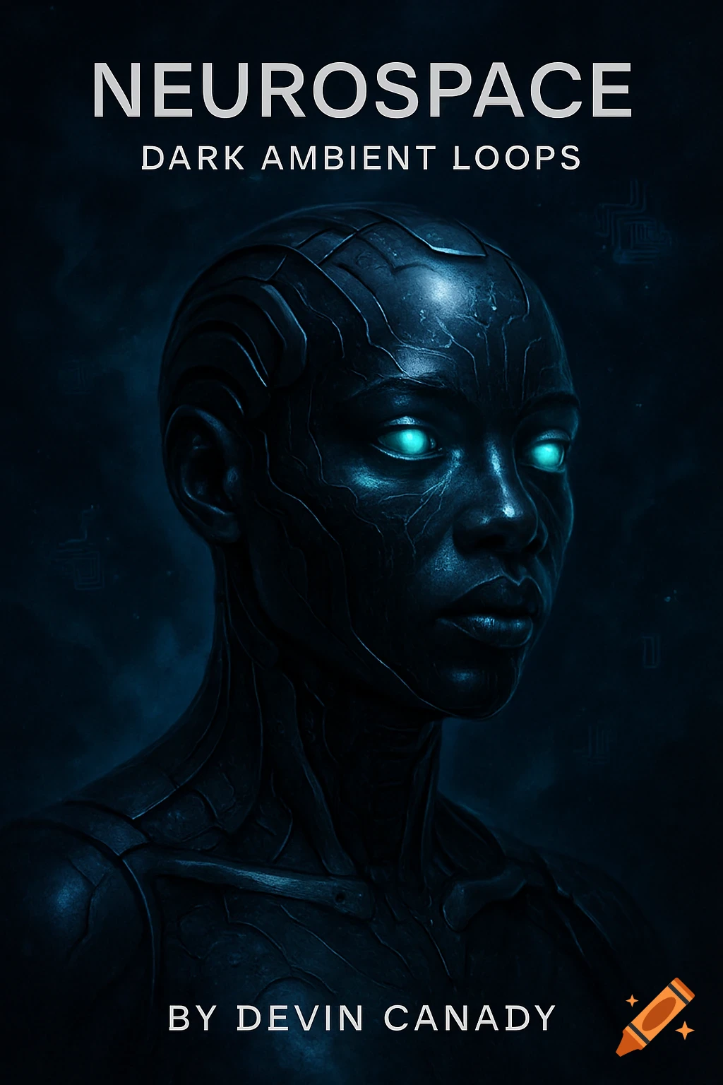 Afrofuturistic cyborg head with glowing eyes, set against a dark background with text 'Neurospace: Dark Ambient Loops by Devin Canady'.