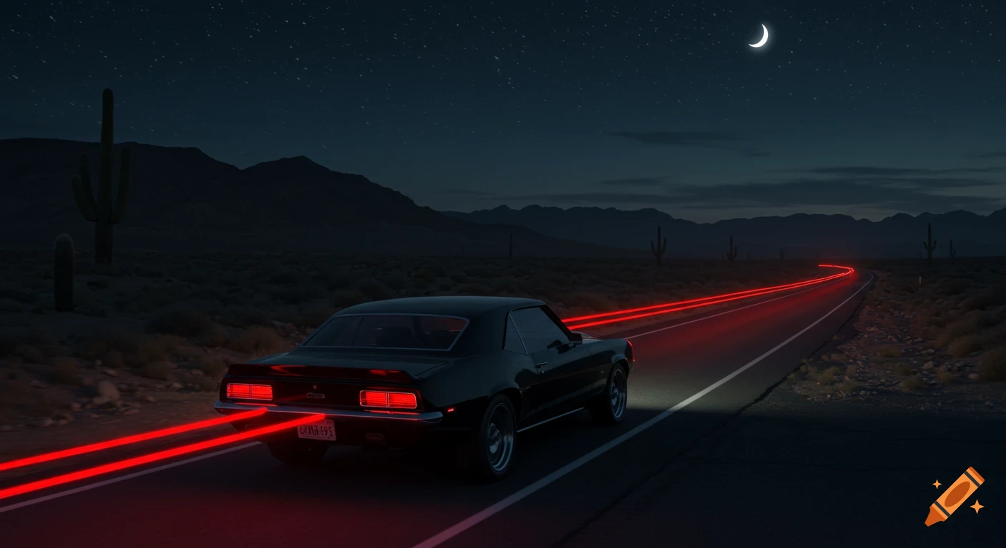 A black 1969 Camaro drives on a dark desert road at night, with red taillight trails stretching behind it under a crescent moon.
