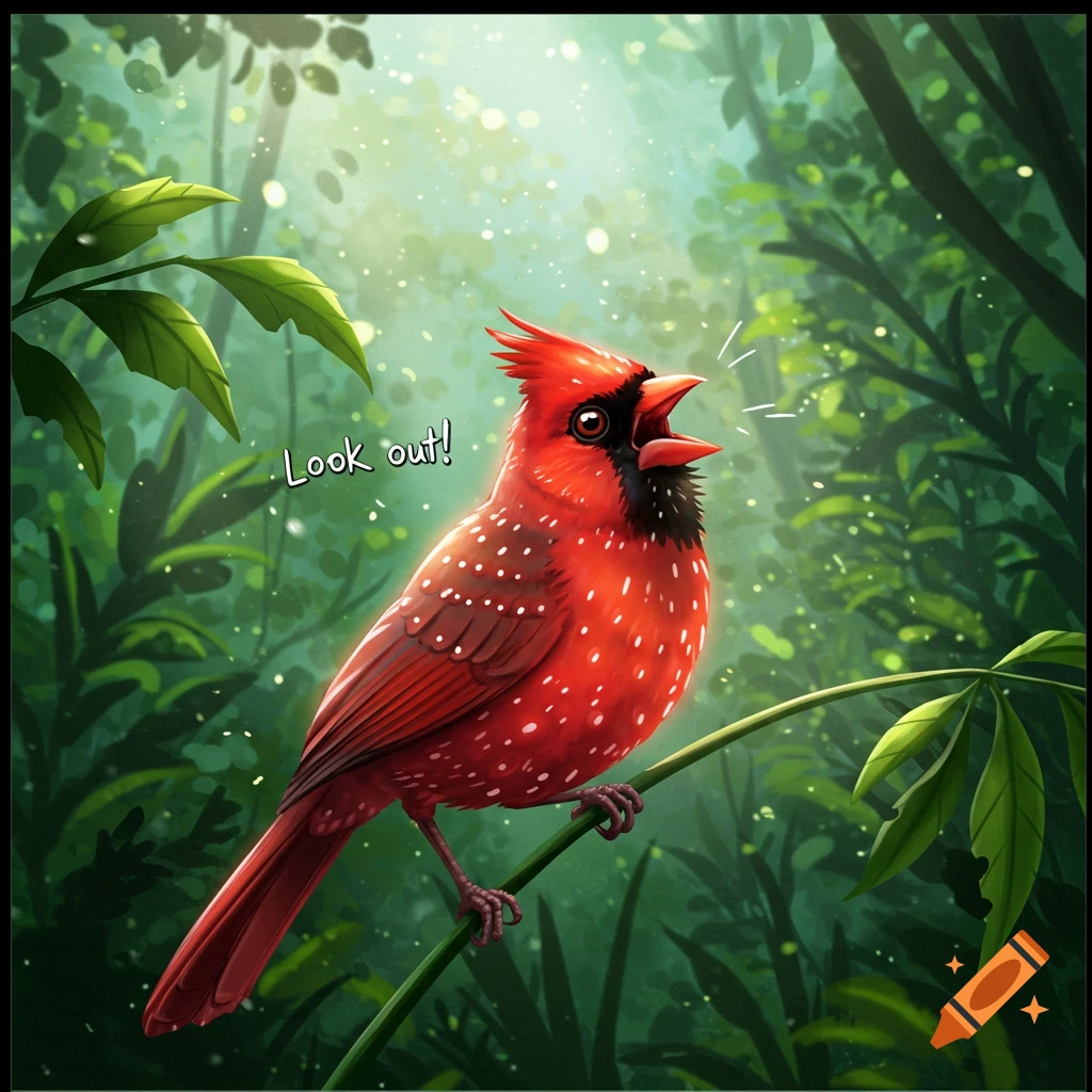 A vibrant red cardinal with white spots yelling "Look out!" in a lush green forest with sunbeams.