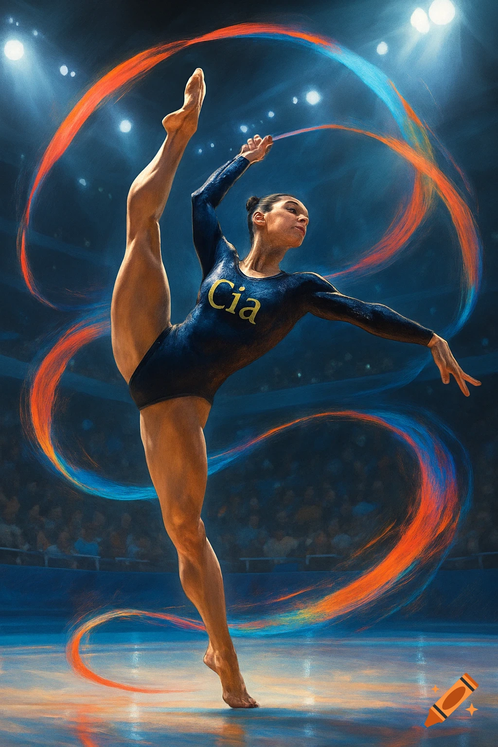 A female rhythmic gymnast in a dark leotard with "Cia" on it performs with a vibrant orange and blue ribbon in a brightly lit arena.