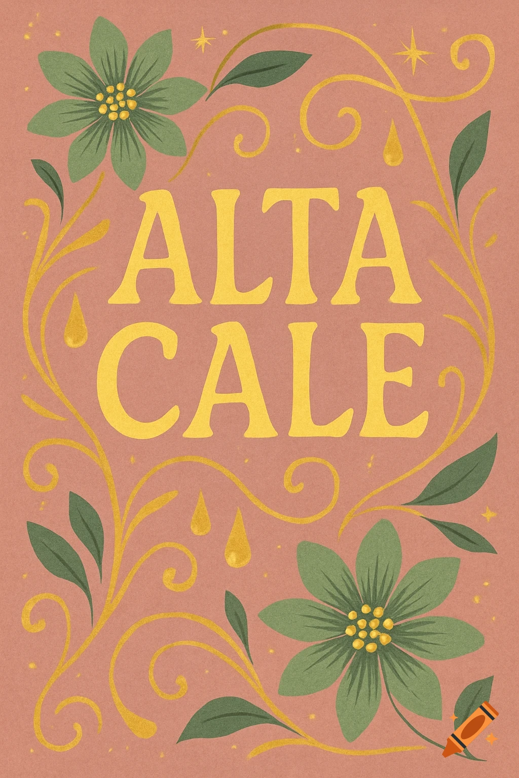 Ebook cover with 'ALTA CALE' in yellow on dusty pink, framed by green stylized flowers, gold vines, and tear drops.