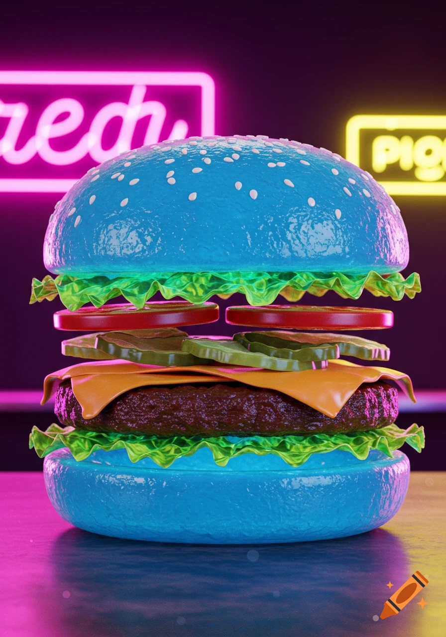 A vibrant, transparent blue burger with lettuce, tomato, pickles, cheese, and a patty, set against a dark background with pink and yellow neon signs.