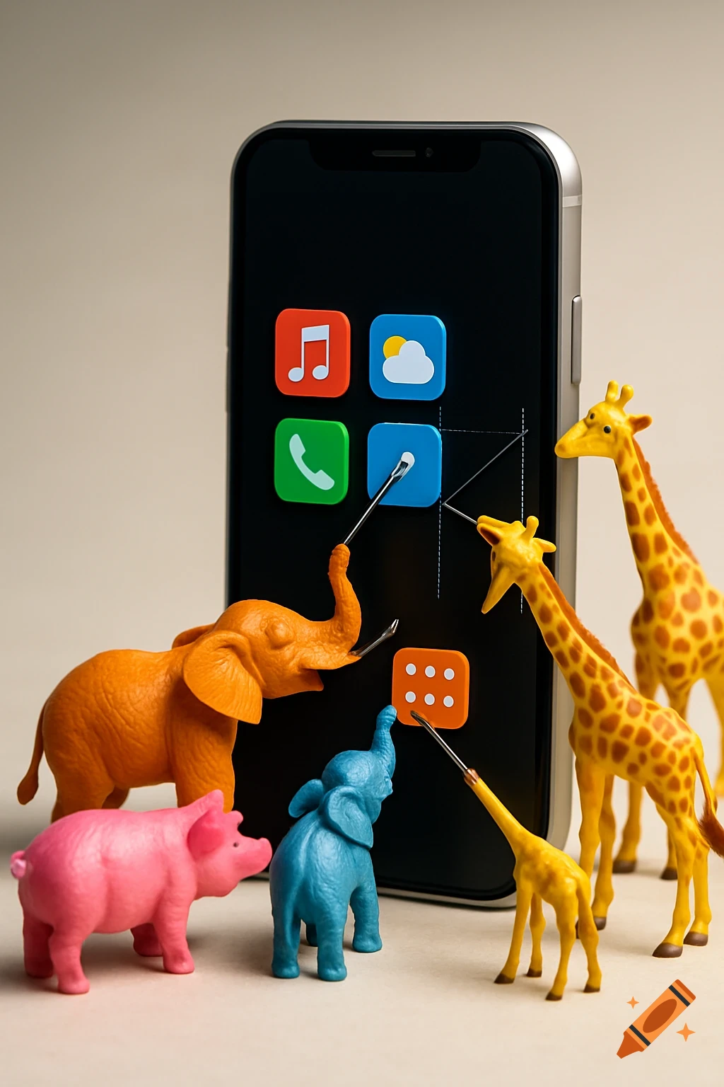 Colorful plastic toy animals like elephants, giraffes, and a pig build a large iPhone with app icons on its screen.