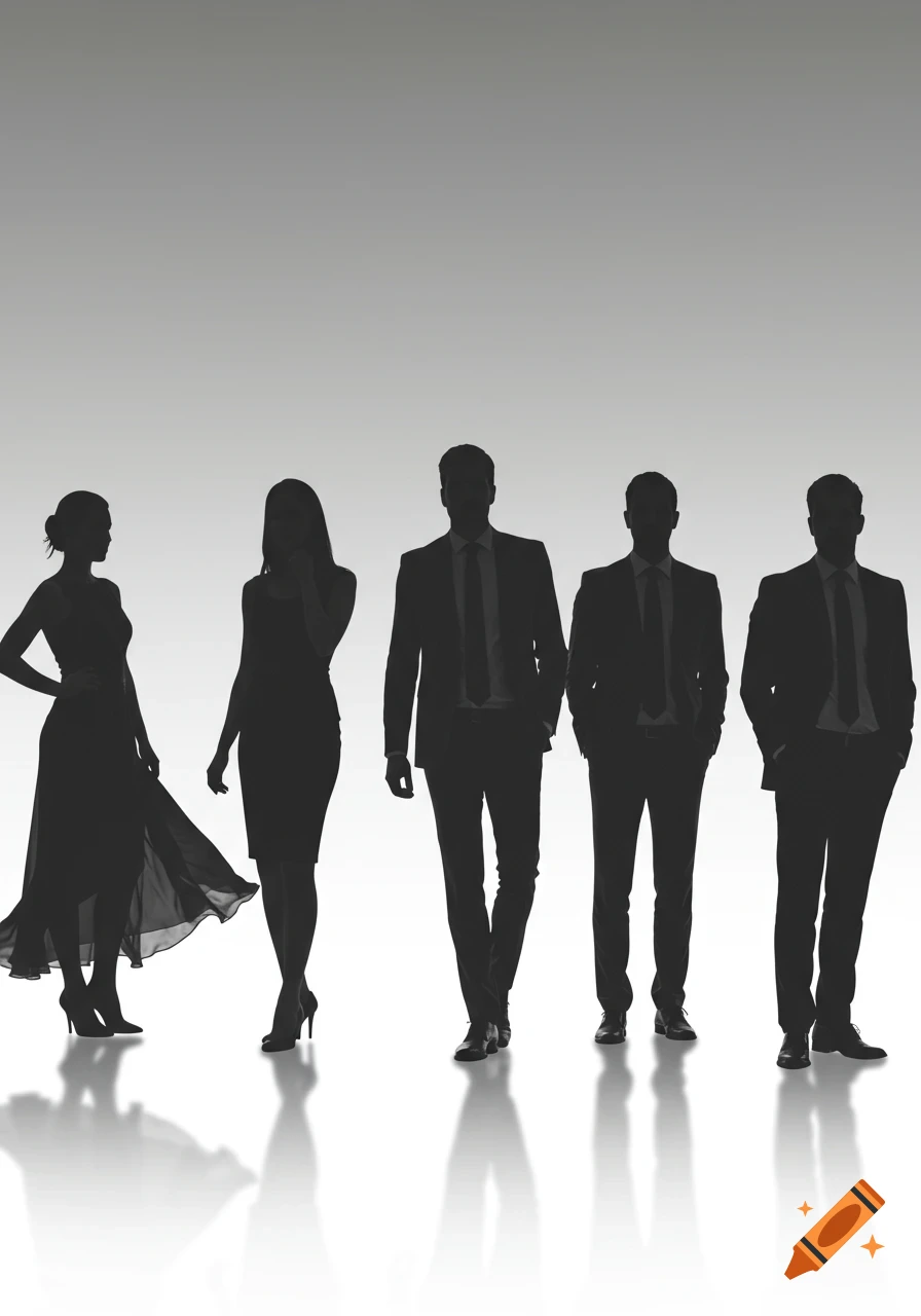 Silhouettes of five professionally dressed individuals, including men in suits and women in a dress and a skirt, with reflections.