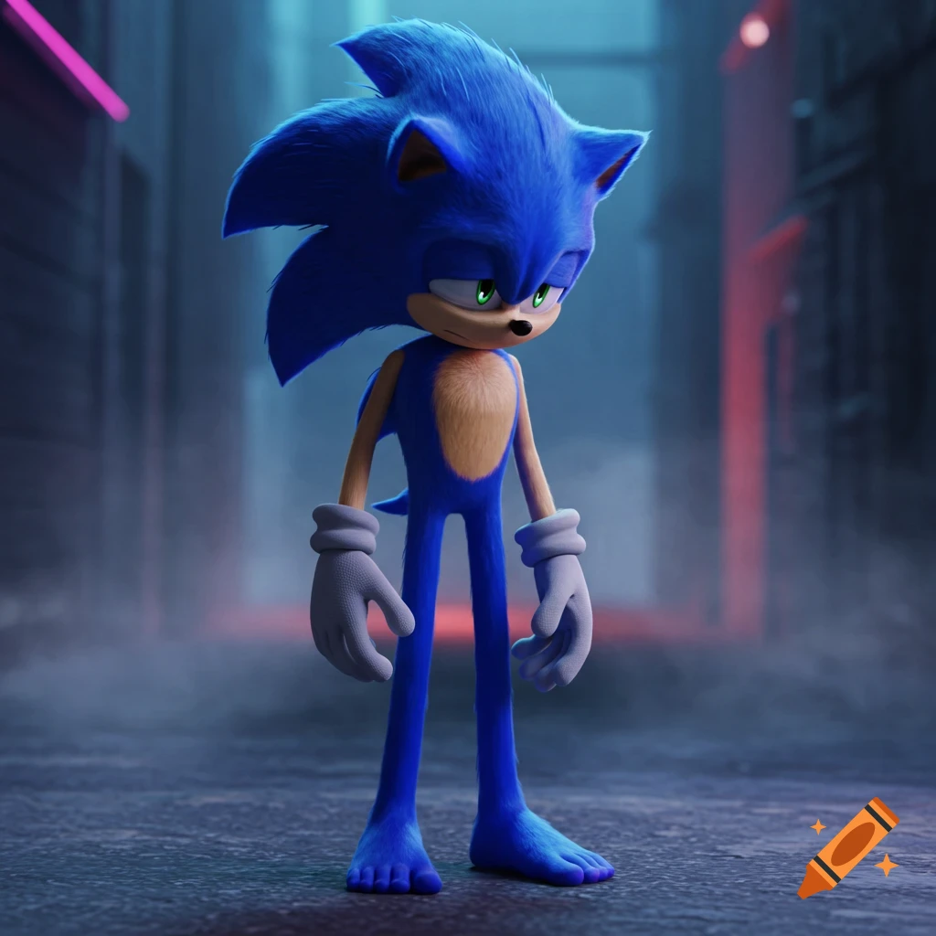 A photorealistic Sonic the Hedgehog stands barefoot with an empty stare in a dimly lit alley.