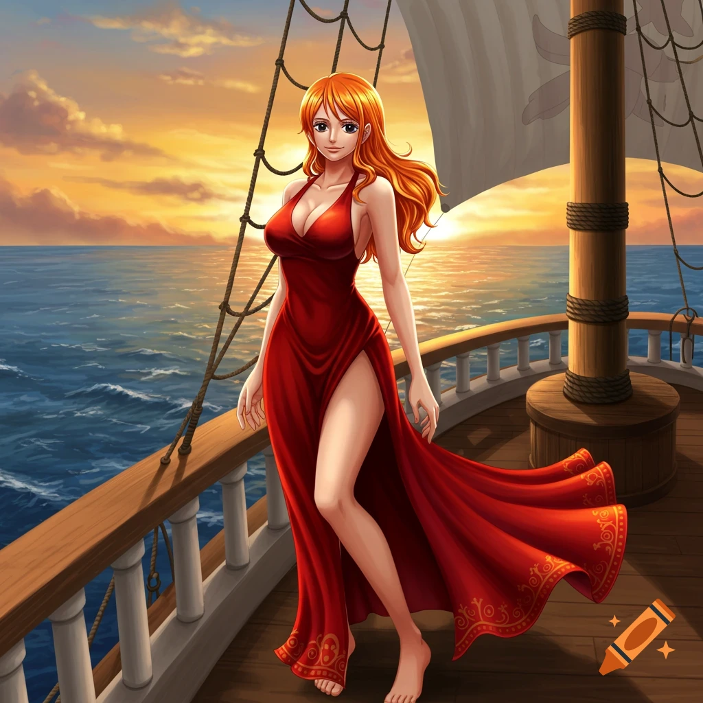 An anime character, Nami from One Piece, with long orange hair, stands on a ship deck in a flowing red dress, overlooking the ocean at sunset.