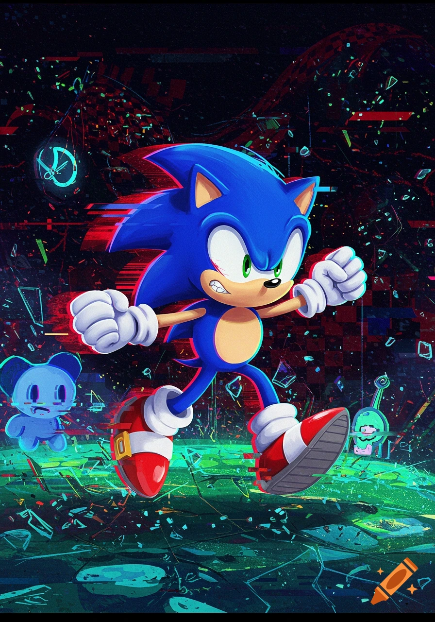 Blue Sonic the Hedgehog runs through a vibrant, glitchy, and corrupted landscape with shattered green glass and red digital artifacts.