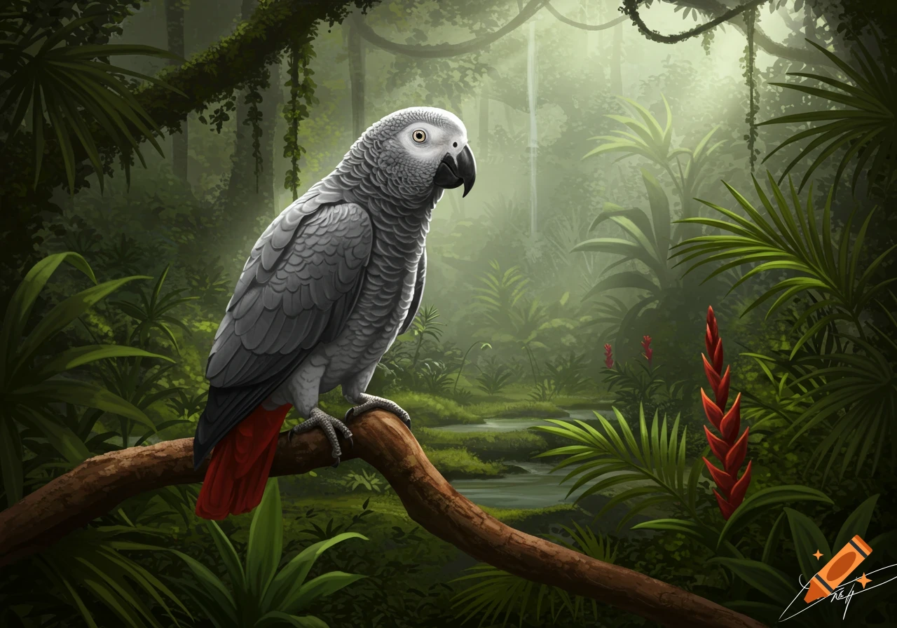 An African Grey Parrot with a red tail sits on a branch in a lush, misty jungle with a stream.