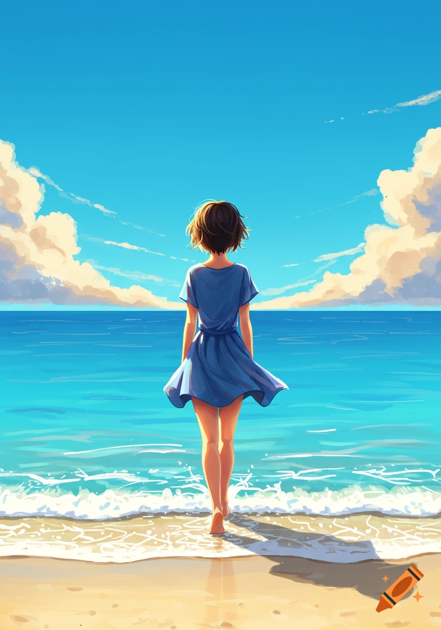 A girl with short hair in a blue dress stands on a beach, looking out at the calm blue sea under a bright sky, in an anime style.