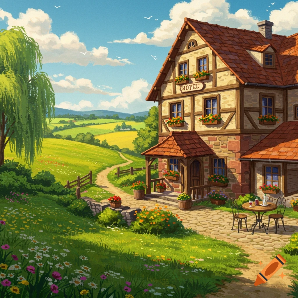 A charming illustrated rural hotel with a red roof, surrounded by green hills, a path, and wildflowers under a blue sky.