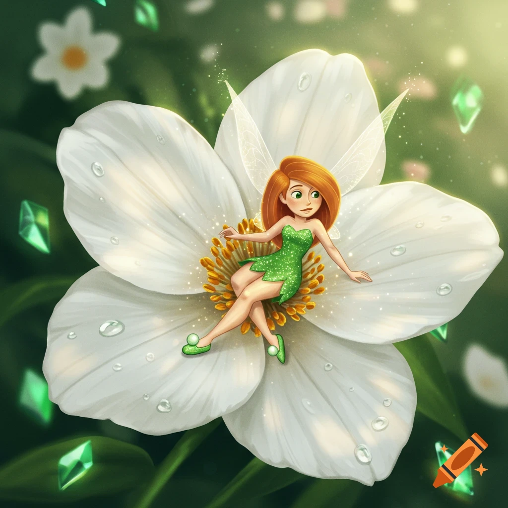 A cartoon fairy with red hair and a green dress lies in a large white flower with water droplets and green gems.