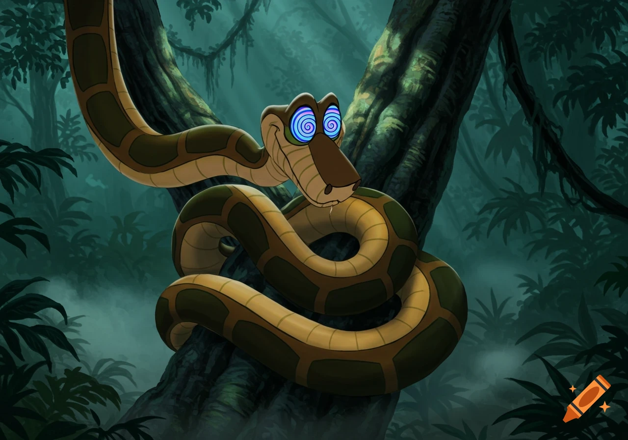 Kaa the snake with swirling hypnotic eyes coiled around a tree branch in a dark, misty jungle, in a cartoon style.