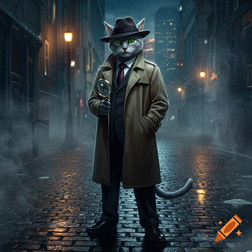 A grey cat person dressed as a detective in a trench coat and fedora, holding a magnifying glass, standing on a wet cobblestone street in a rainy city at night.
