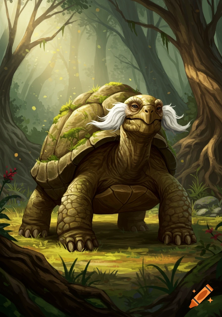 An old, wise-looking turtle creature with white mustache-like eyebrows stands in a sunlit, mossy forest.