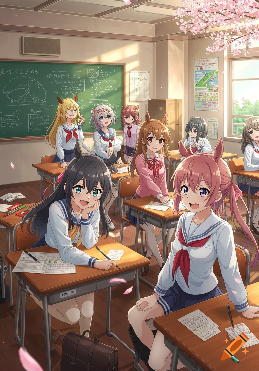An anime illustration of several female students with horse ears in a bright classroom, sitting at desks with papers and pens, with a blackboard and cherry blossoms visible.