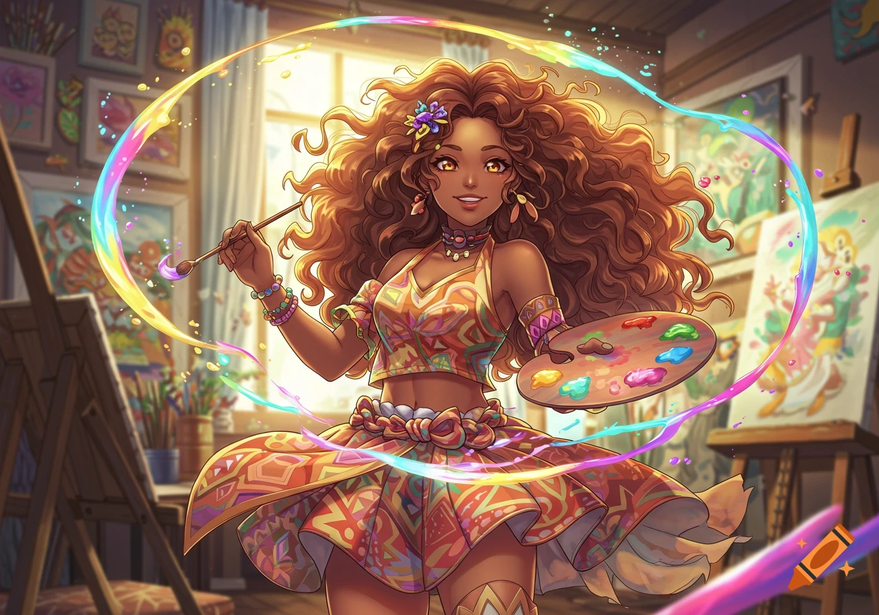 A vibrant anime-style female character with long curly hair, holding a paintbrush and palette, standing in an art studio with a rainbow paint trail around her.