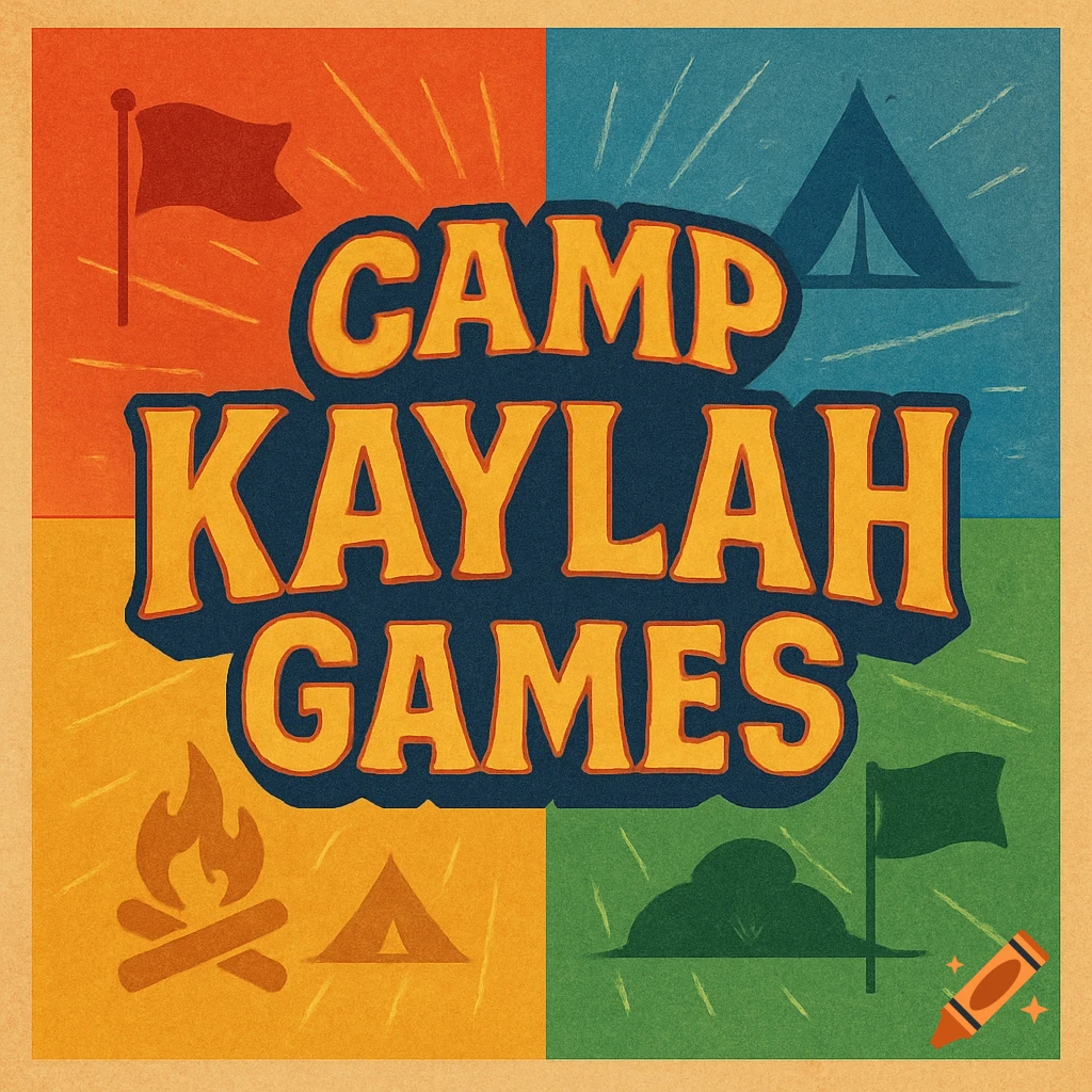 Retro-style title page for Camp Kaylah Games with colorful quadrants and camping icons.