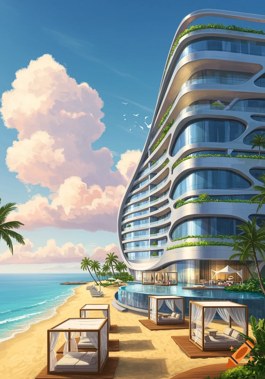 Futuristic curved hotel on a tropical beach with an infinity pool, cabanas, and palm trees under a blue sky.