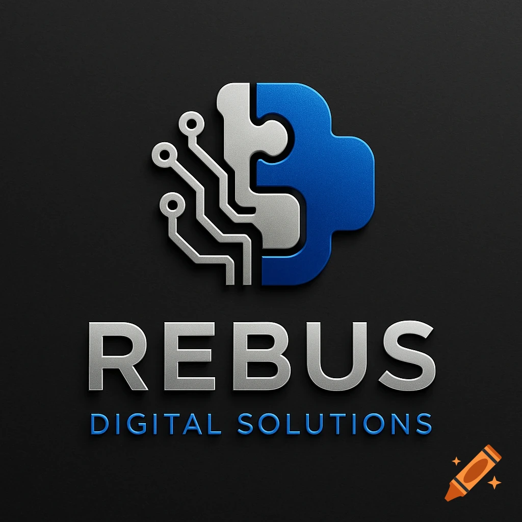 Corporate logo for Rebus Digital Solutions featuring a silver circuit board puzzle piece connecting to a blue puzzle piece, with company name below.