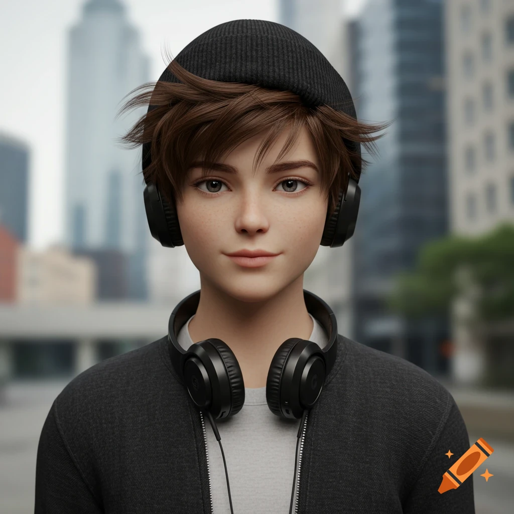 A young person with brown messy hair, wearing a black beanie and headphones around their neck, stands in front of a blurry city background.
