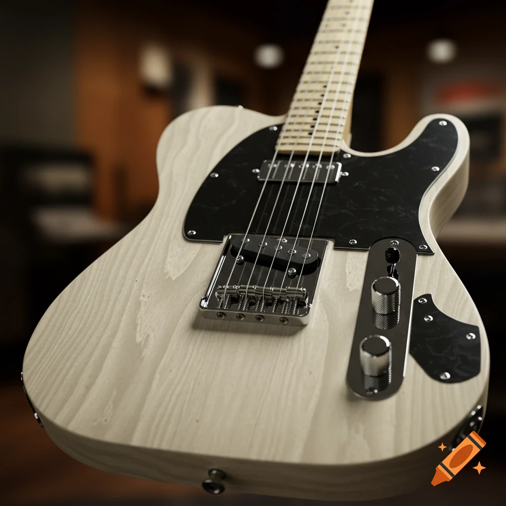 Close-up, photorealistic shot of a light-colored Telecaster-style electric guitar with black pickguard and chrome hardware.
