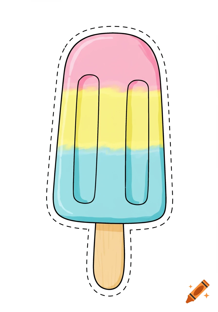 A cartoon illustration of a popsicle with pink, yellow, and blue layers, outlined by a dashed line for cutting.
