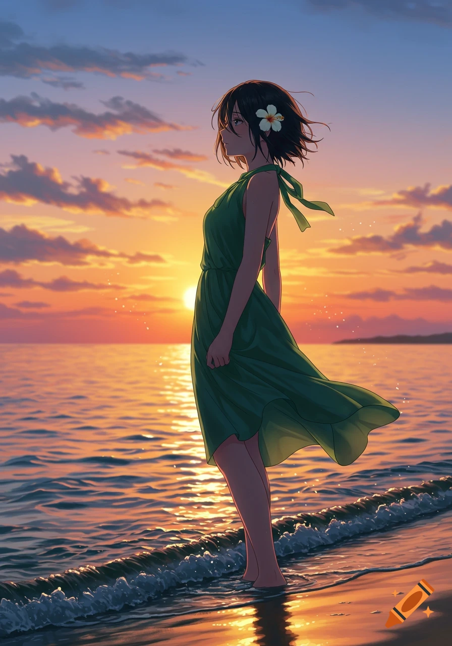 Anime girl in green dress stands at sunset beach, waves at her toes, gazing at the sea.