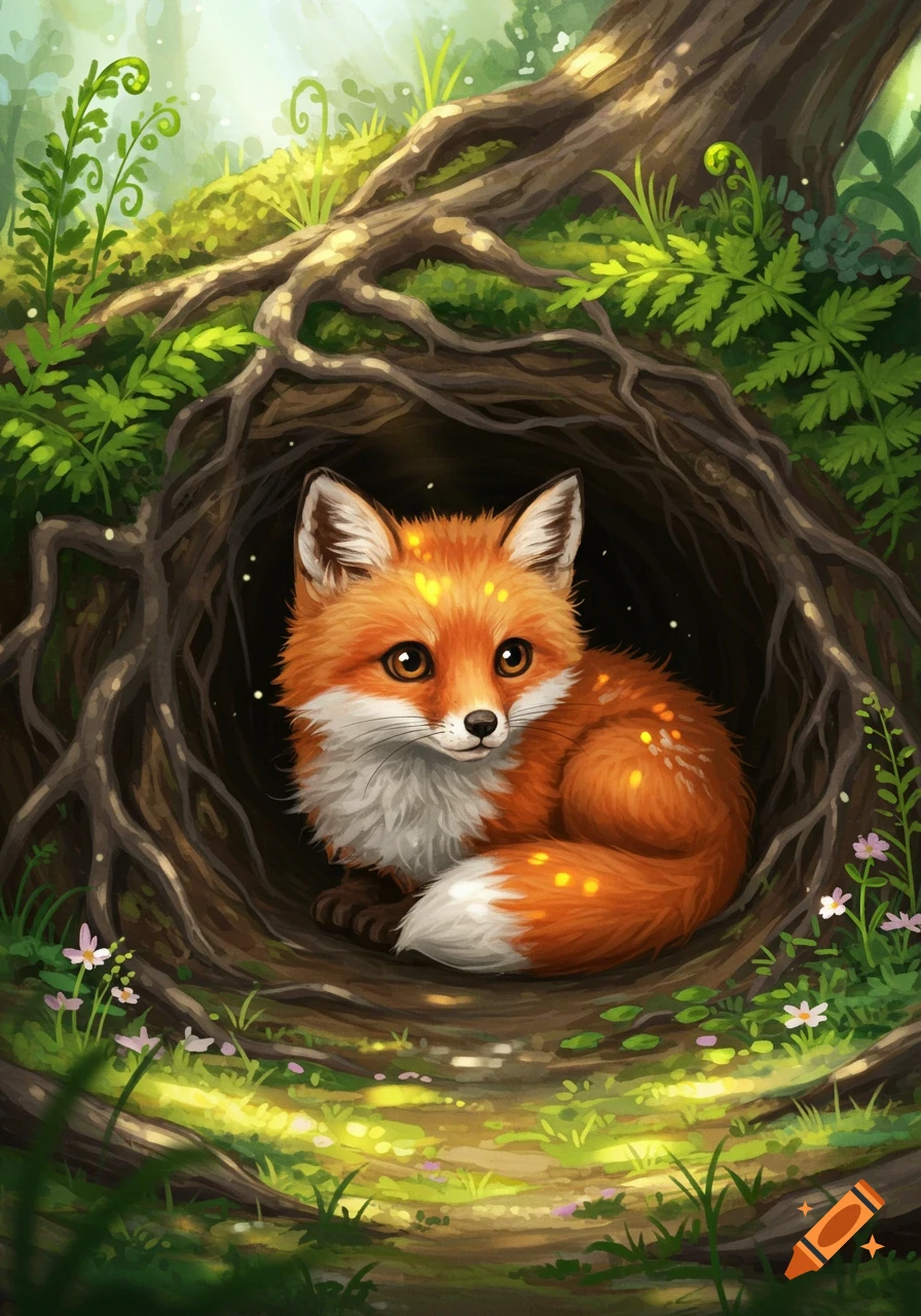 A cute, fluffy orange fox peeks from a dark tree hollow in a lush, green forest with glowing light.