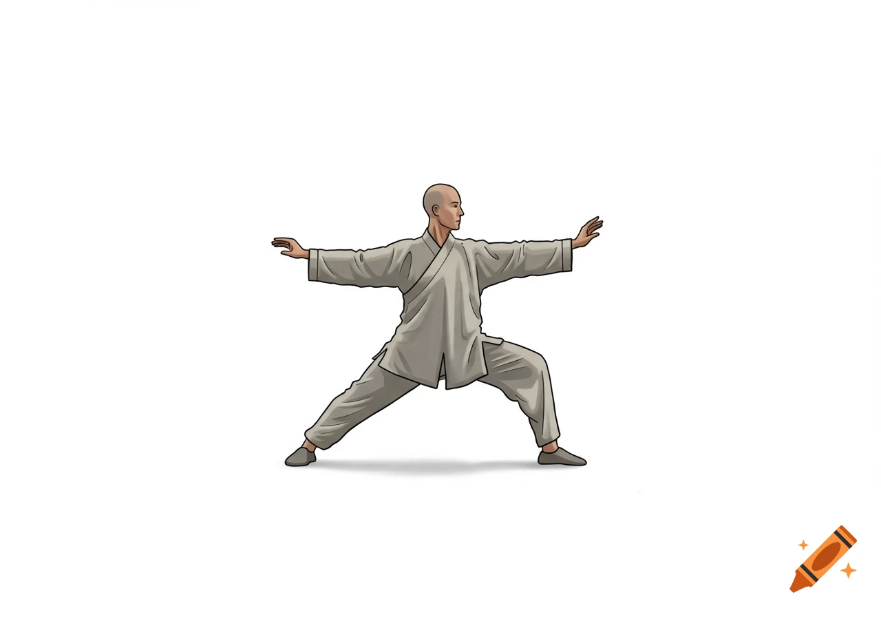 An illustration of a bald man in a grey uniform practicing Tai Chi in a wide stance on a white background.