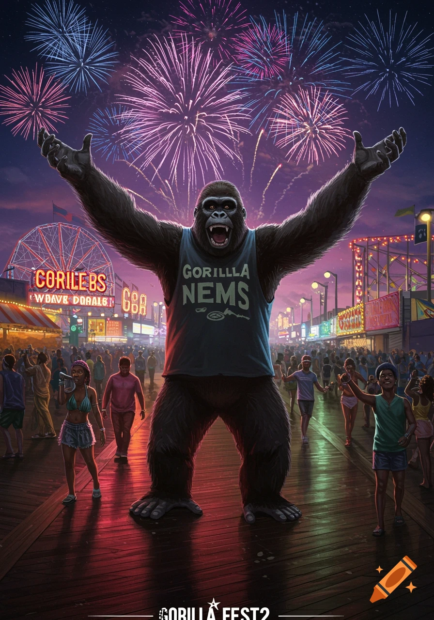 A giant gorilla in a "GORILLA NEMS" shirt stands on a crowded boardwalk under fireworks at night, with a Ferris wheel in the background.