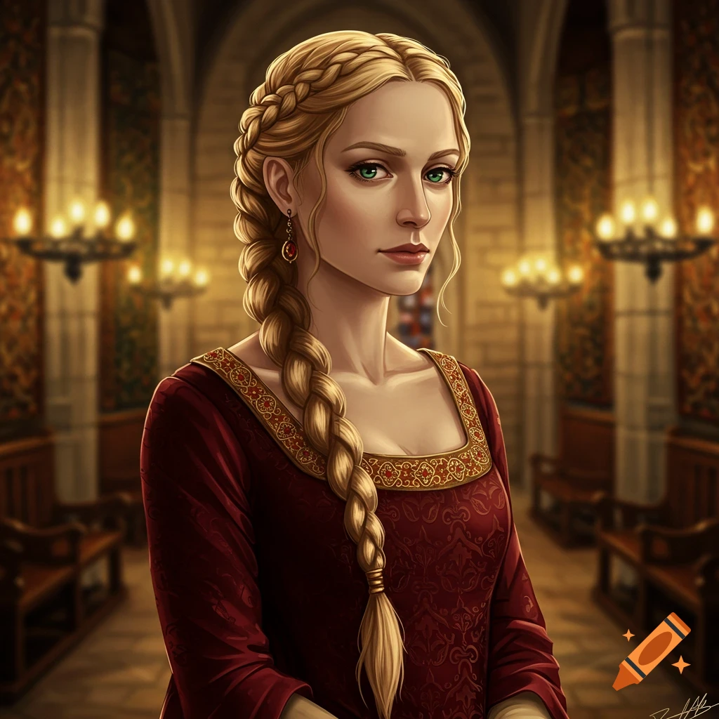 A portrait of a woman with long blonde braided hair, green eyes, wearing a red medieval dress with gold trim, standing in a grand hall.